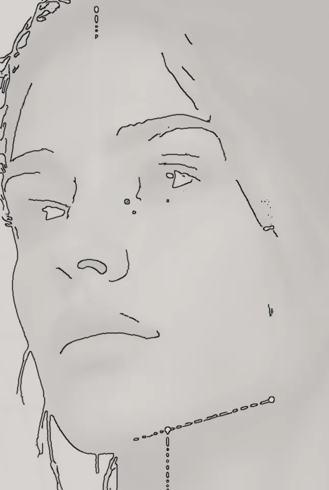 طبقة التحليل: رسم خطي لملامح الوجه نفسه مع نقاط القياس