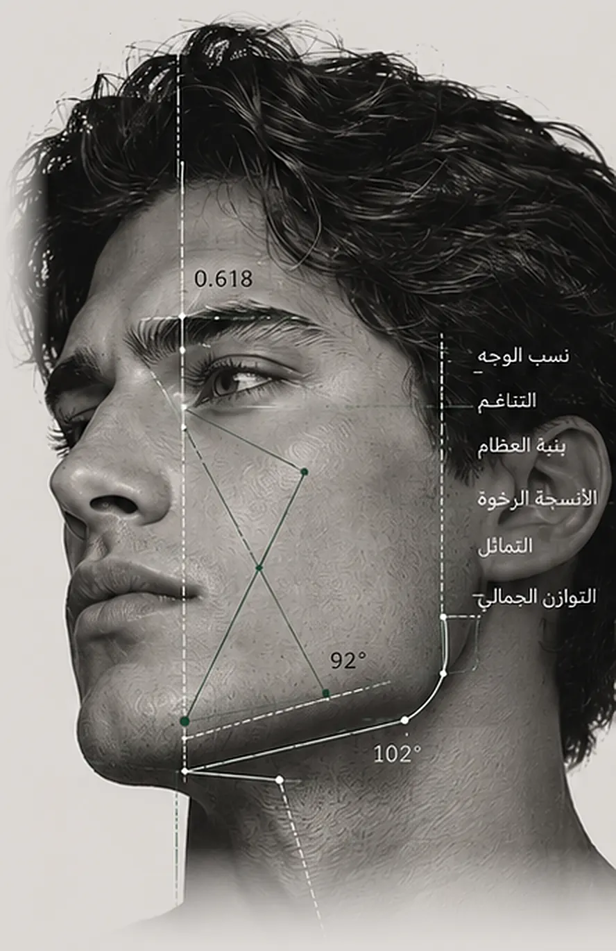 وجه رجل من الجانب تظهر عليه خطوط القياس وزوايا الفك ونسب الوجه